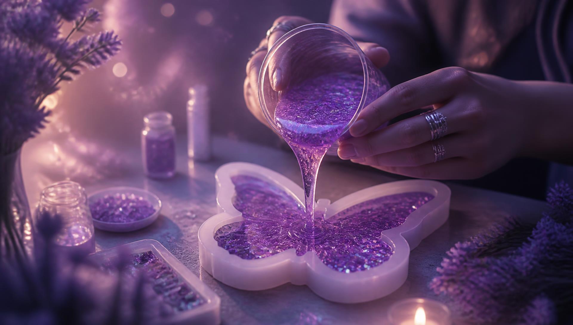 Shimmering purple resin being poured into a butterfly mold
