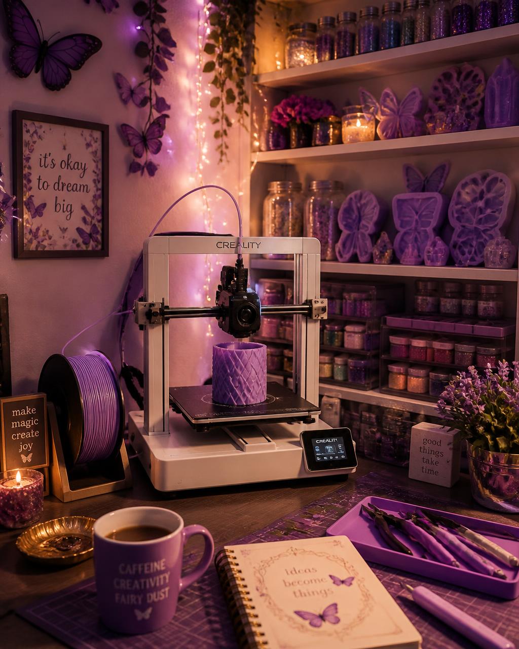 Shannon’s home craft studio with a 3D printer, resin molds and jars of glitter